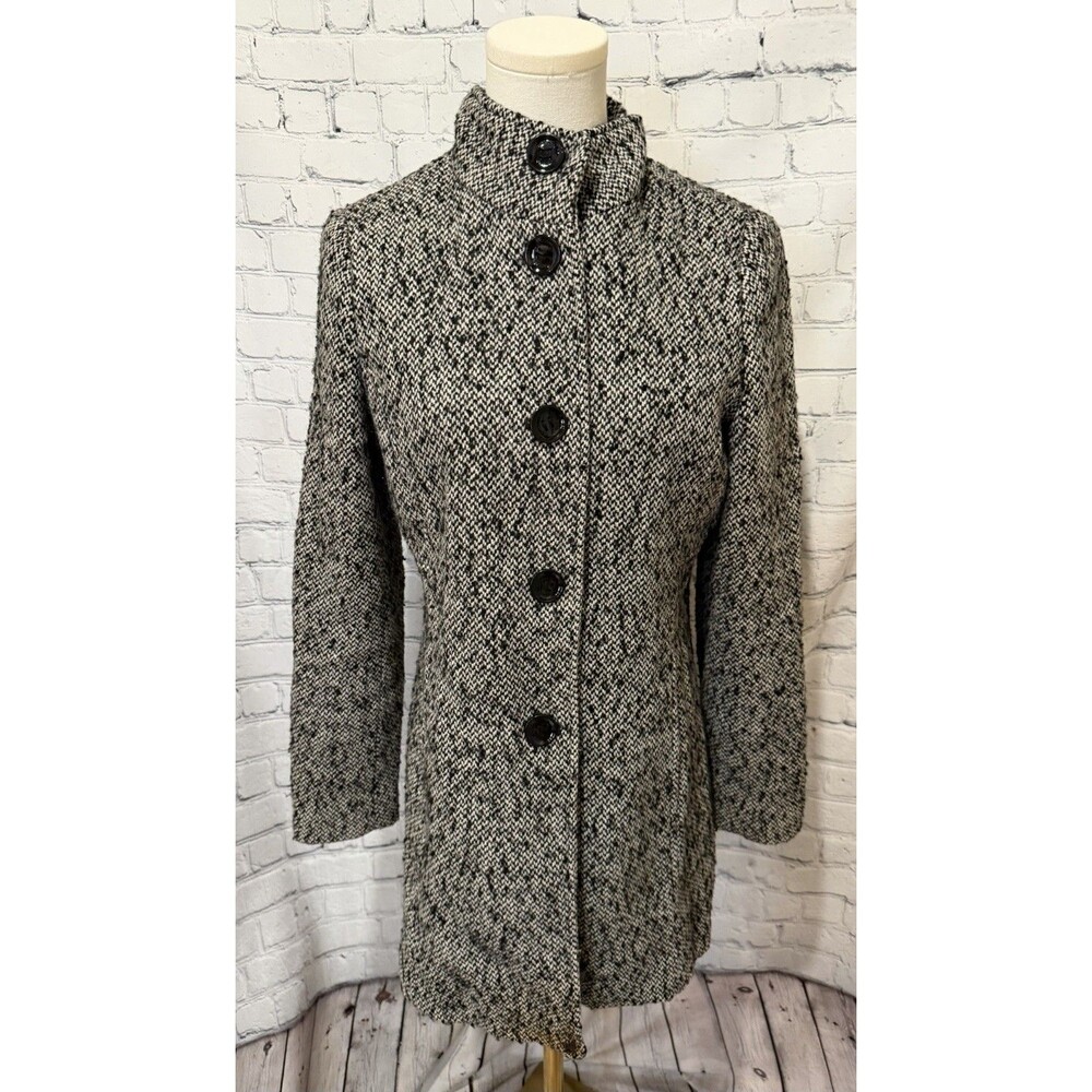 Calvin Klein Wool Pea Coat Women's 4 Black & White Herringbone Tweed